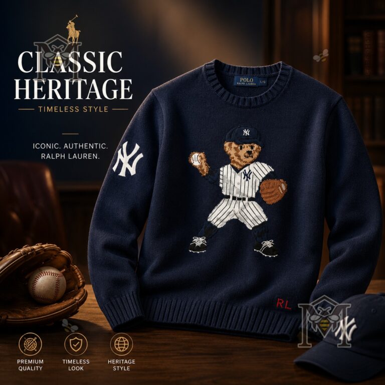 Polo Ralph Lauren New York Yankees Bear Sweater - full product view with baseball gear