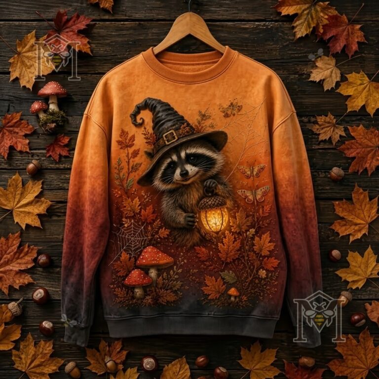 Raccoon Witch Autumn Magic Halloween Sweatshirt - close-up of 'Autumn Magic' text and upper left design