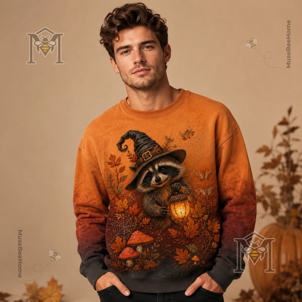 Raccoon Witch Autumn Magic Halloween Sweatshirt - side view showing ombre effect and lower design elements