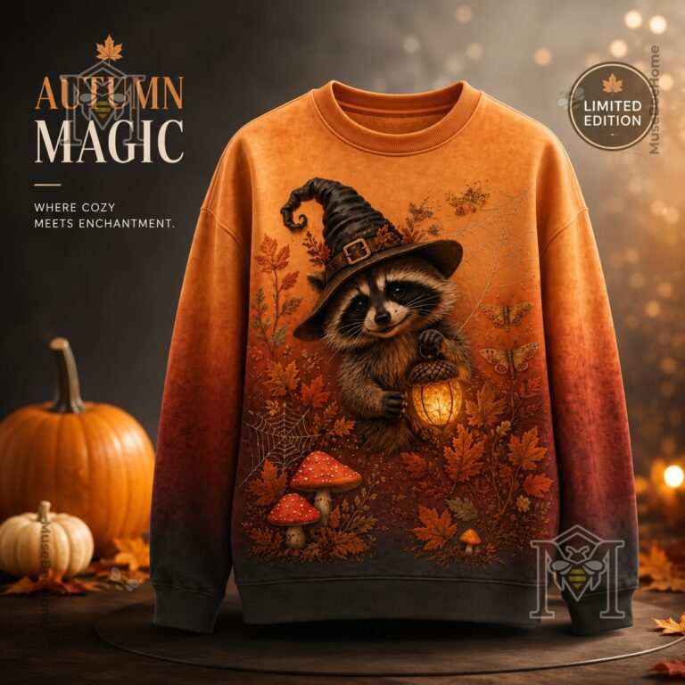 Raccoon Witch Autumn Magic Halloween Sweatshirt - full product view with pumpkins and text