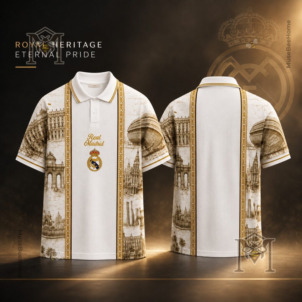 Real Madrid Heritage Toile de Jouy Polo – Front and back view Real Madrid Heritage Toile de Jouy Polo - front and back view