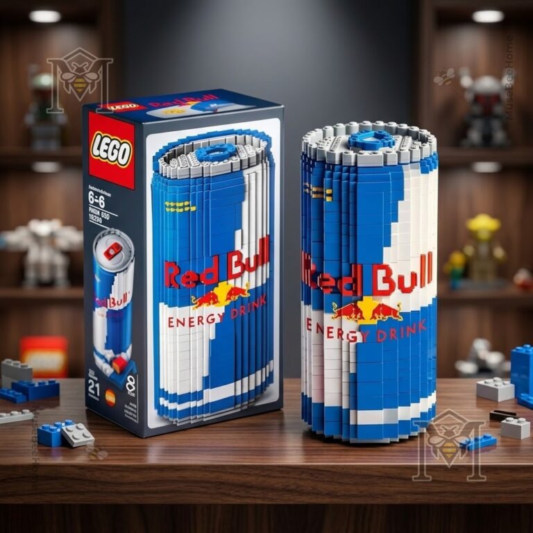Red Bull Blue Can LEGO Block Set - close up of the model inside its branded box with Lego logo