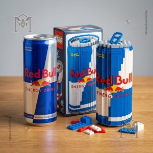 Red Bull Blue Can LEGO Block Set - close up of the assembled model showing brick details