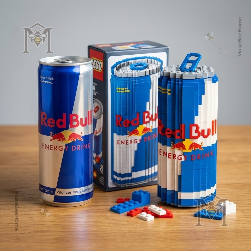 Red Bull Blue Can LEGO Block Set - close up of the assembled model showing brick details