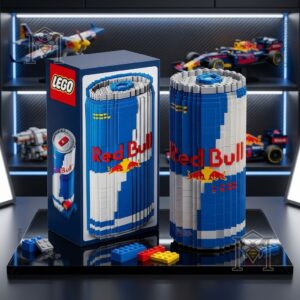 Red Bull Blue Can LEGO Block Set - assembled model next to its display box on a black surface