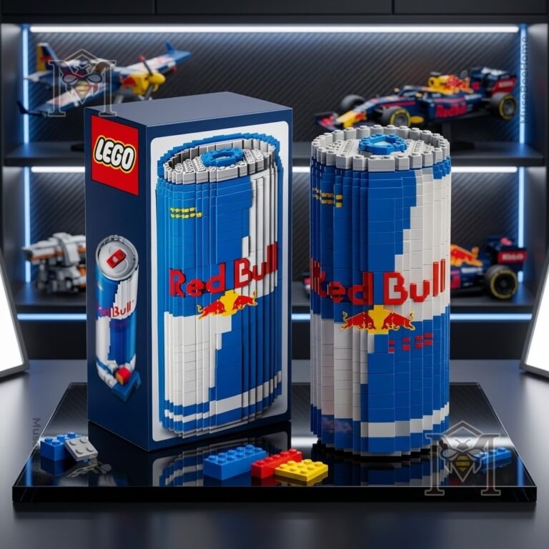 Red Bull Blue Can LEGO Block Set - assembled model next to its display box on a black surface