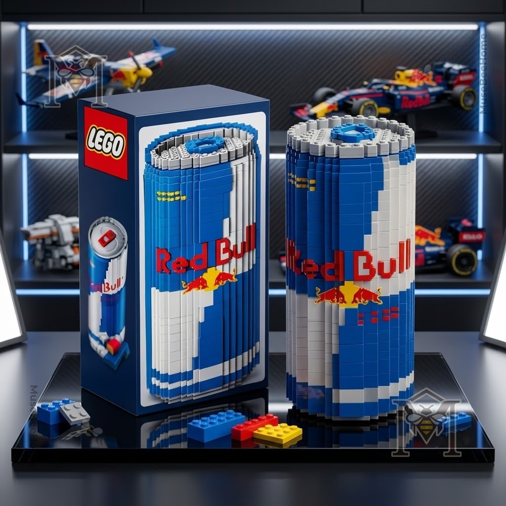 Red Bull Blue Can LEGO Block Set - assembled model next to its display box on a black surface