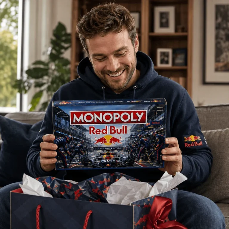 Red Bull Monopoly Board Game - box, can dispenser, and game cards