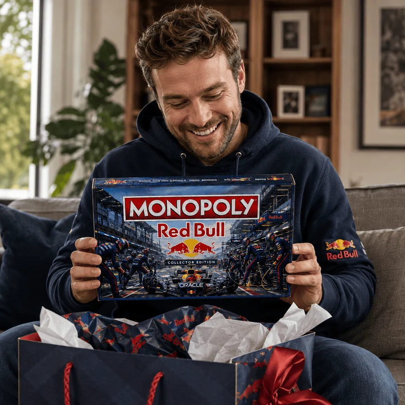 Red Bull Monopoly Board Game - box, can dispenser, and game cards