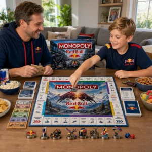 Red Bull Monopoly Board Game - box, Red Bull can, keychain, and property cards