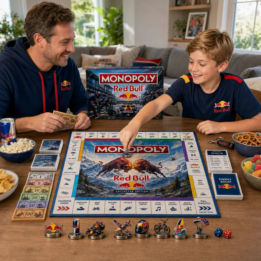 Red Bull Monopoly Board Game - box, Red Bull can, keychain, and property cards