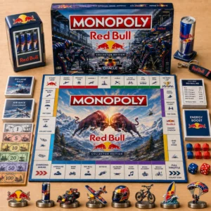 Red Bull Monopoly Board Game - full set laid out on a wooden surface