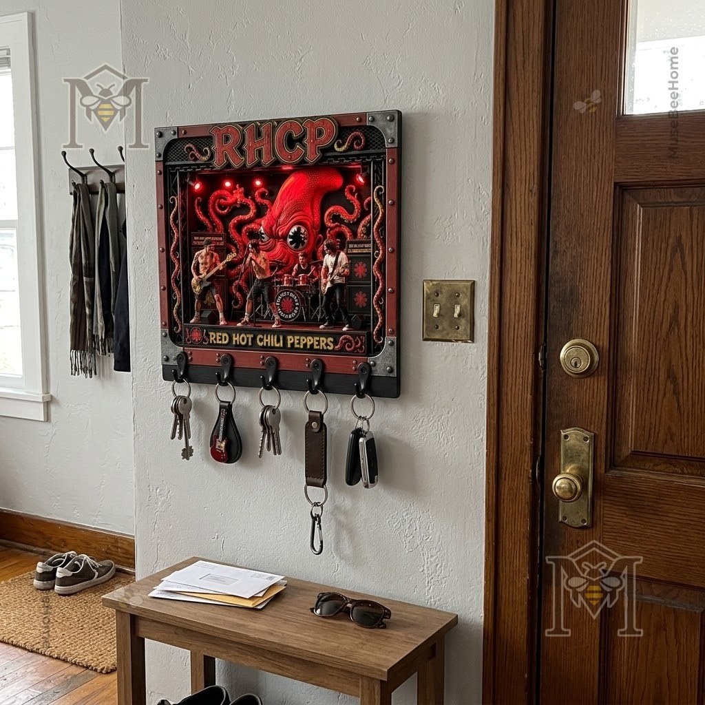 Red Hot Chili Peppers Octopus Key Rack - upper section showing RHCP logo and red octopus