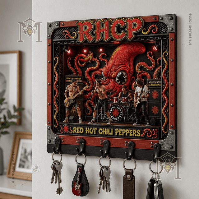 Red Hot Chili Peppers Octopus Key Rack - full front view mounted on a wall