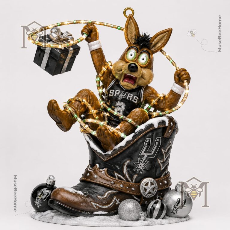 San Antonio Spurs The Coyote Lasso Tangle Christmas Ornament 2026 - close-up of The Coyote with gift box