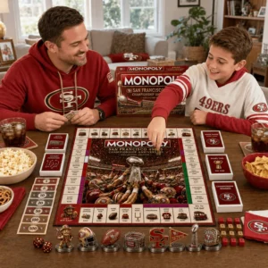 San Francisco 49ers Championship Anniversary Monopoly Board Game - box and right side of the board with cards