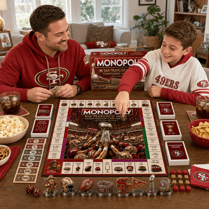 San Francisco 49ers Championship Anniversary Monopoly Board Game - box and right side of the board with cards