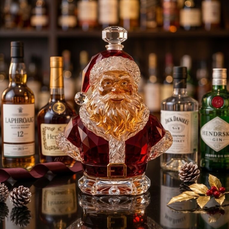Santa Claus Christmas Whiskey Bottle Decanter - close-up with a glowing candle nearby