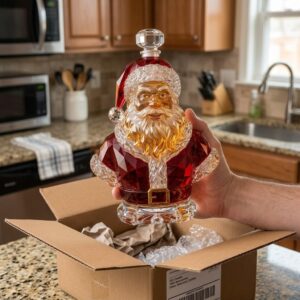Santa Claus Christmas Whiskey Bottle Decanter - side view with gift boxes in the background