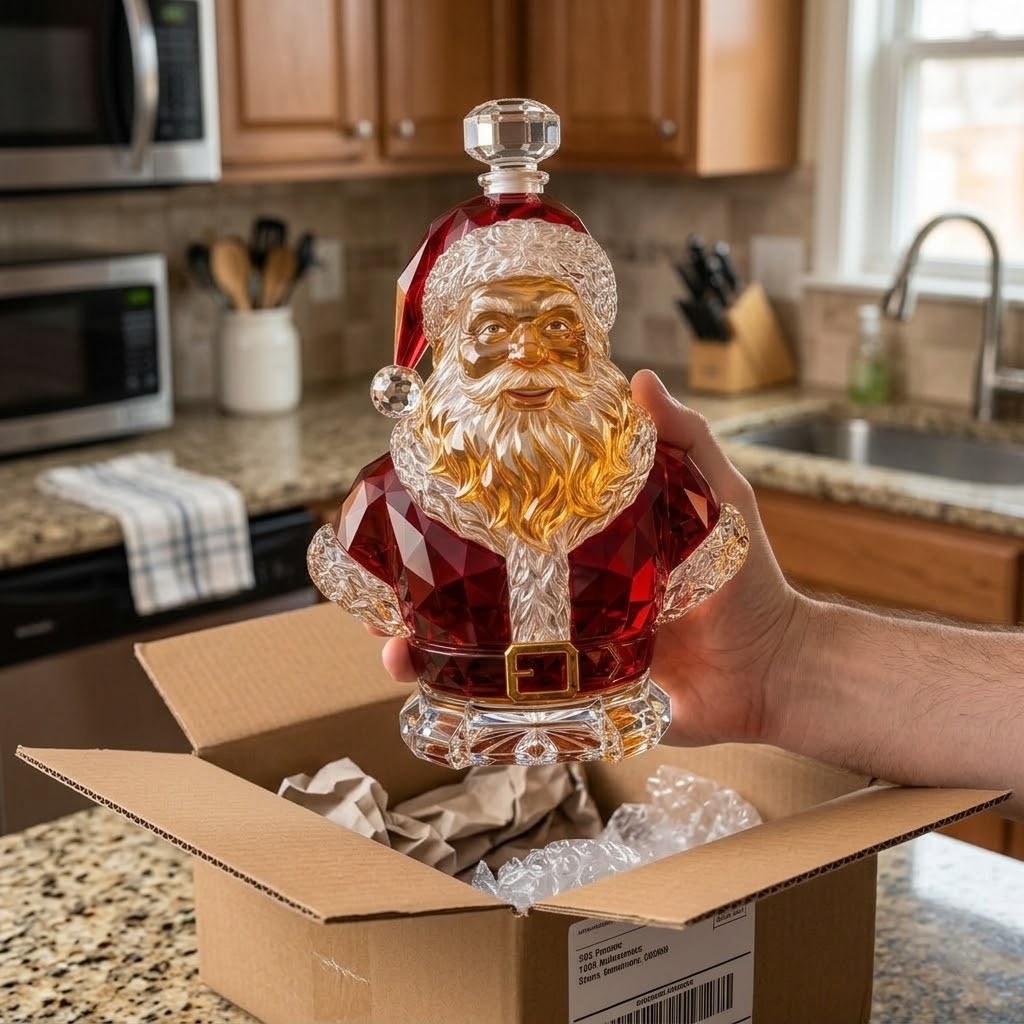 Santa Claus Christmas Whiskey Bottle Decanter - side view with gift boxes in the background