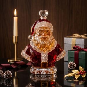 Santa Claus Christmas Whiskey Bottle Decanter - displayed with a lit candle and holiday decor