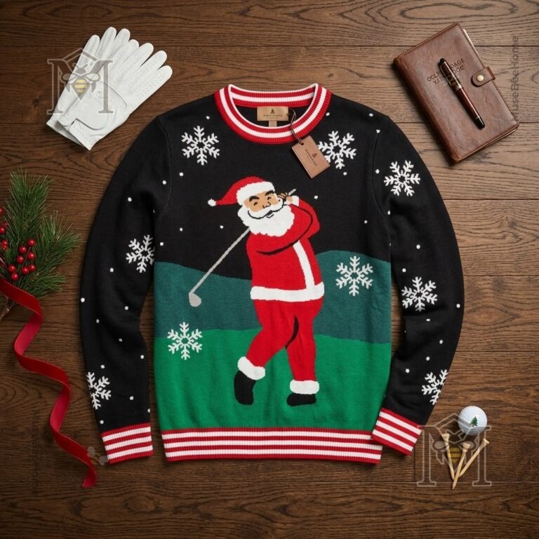 Santa Golfing Ugly Christmas Sweater - close-up on Santa graphic and upper sweater
