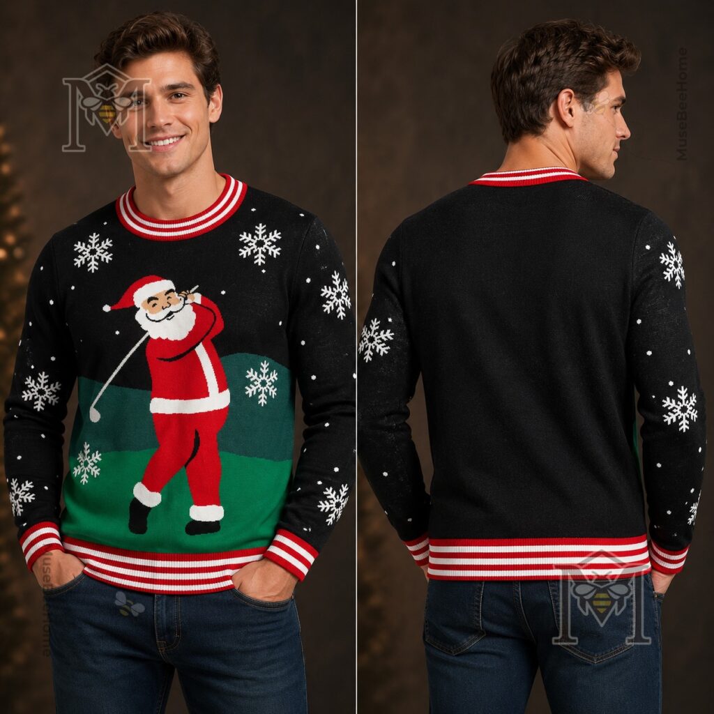 Santa Golfing Ugly Christmas Sweater - close-up of Santa graphic and lower sweater with gift