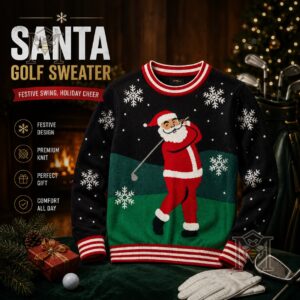 Santa Golfing Ugly Christmas Sweater - full front view with golf accessories