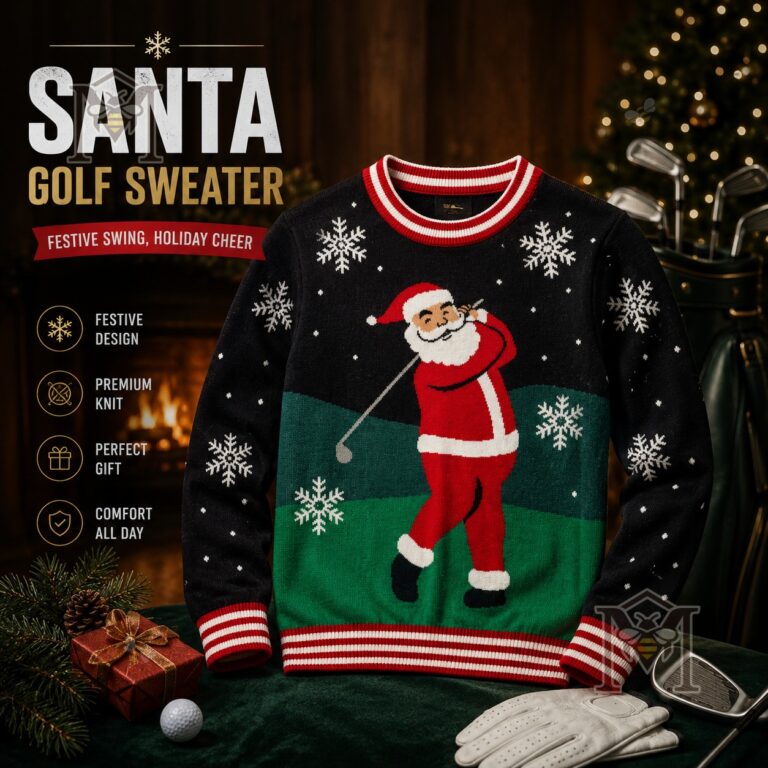 Santa Golfing Ugly Christmas Sweater - full front view with golf accessories