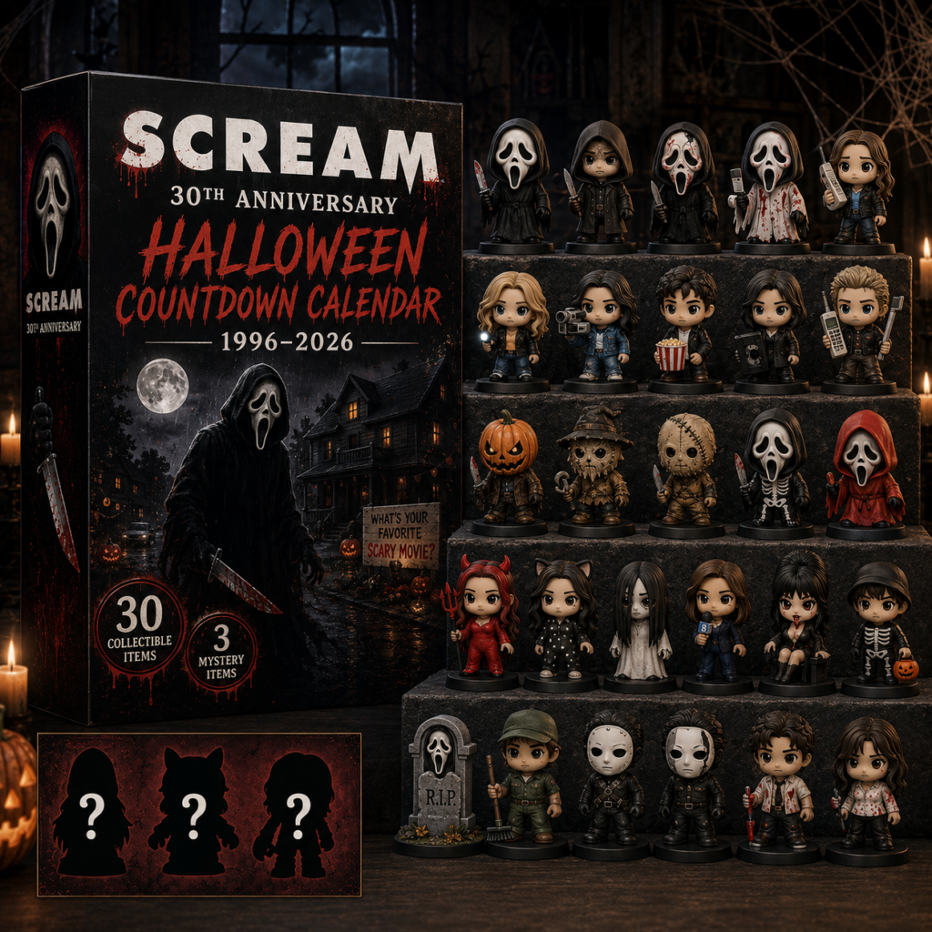 Scream 30th Anniversary Halloween Countdown Calendar 1996-2026 – Photo 1 Full view of the Scream 30th Anniversary Halloween Countdown Calendar box and figurines display