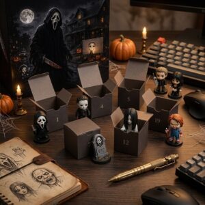 Close-up of the Scream 30th Anniversary calendar box text and top two rows of collectible figurines