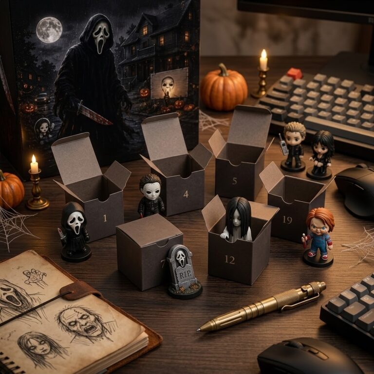 Close-up of the Scream 30th Anniversary calendar box text and top two rows of collectible figurines
