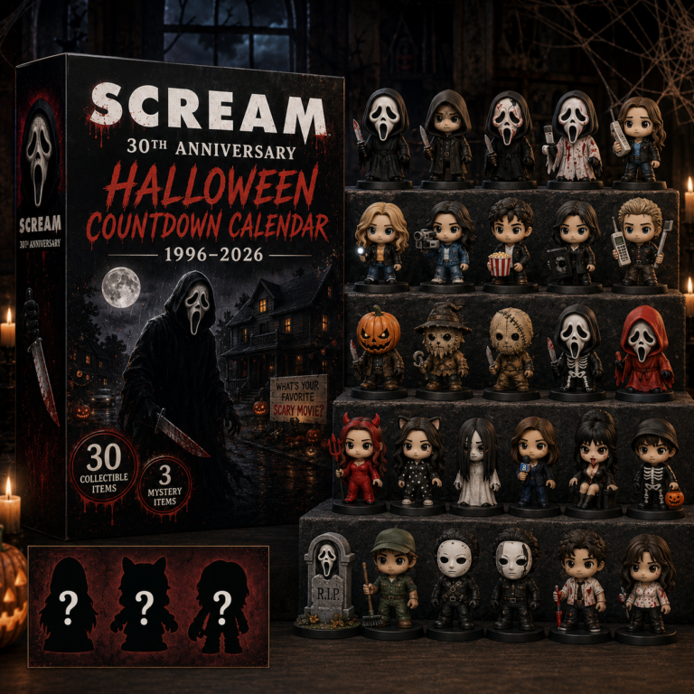 Full view of the Scream 30th Anniversary Halloween Countdown Calendar box and figurines display