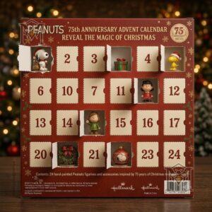 Snoopy Peanuts 75th Anniversary Christmas 2026 Advent Calendar - close up of box and top row figurines