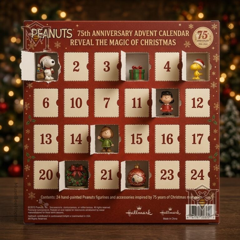 Snoopy Peanuts 75th Anniversary Christmas 2026 Advent Calendar - close up of box and top row figurines