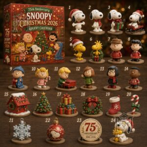 Snoopy Peanuts 75th Anniversary Christmas 2026 Advent Calendar - full view of box and all figurines