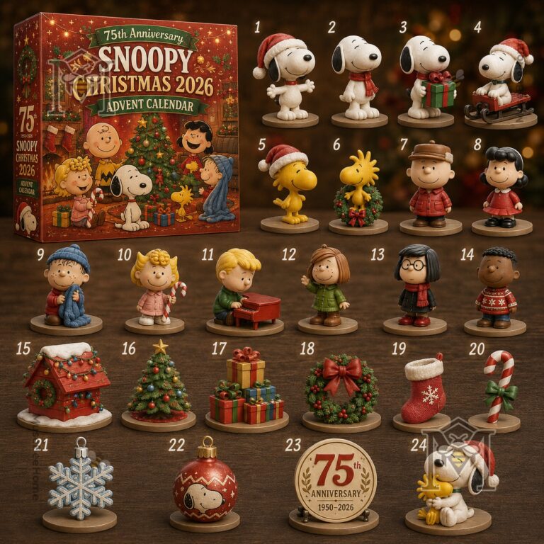 Snoopy Peanuts 75th Anniversary Christmas 2026 Advent Calendar - full view of box and all figurines