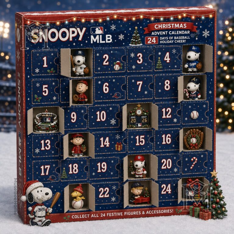 Snoopy Peanuts MLB Christmas Advent Calendar 2026 - close-up of box and top row of figurines