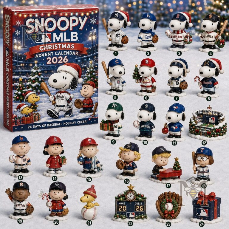Snoopy Peanuts MLB Christmas Advent Calendar 2026 - full view of box and all 24 figurines