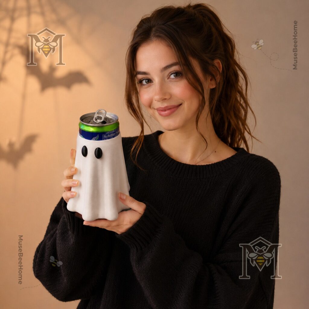 Spooky Ghost Can Cooler Beverage Holder 2026 - side view with a blurred lit candle in the background