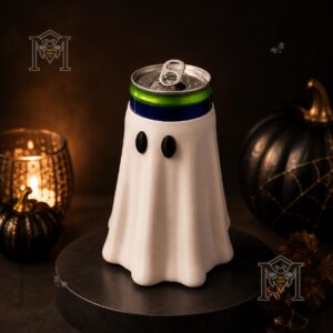 Spooky Ghost Can Cooler Beverage Holder 2026 - full view on a dark circular stand