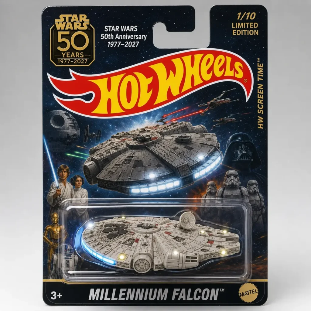 Star Wars 50th Anniversary Millennium Falcon Hot Wheels die-cast model in collector packaging