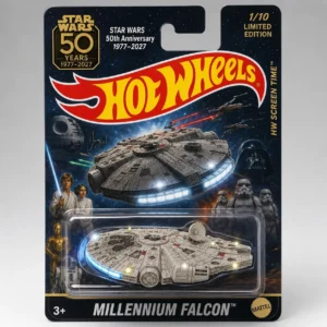Star Wars 50th Anniversary Millennium Falcon Hot Wheels die-cast model in collector packaging