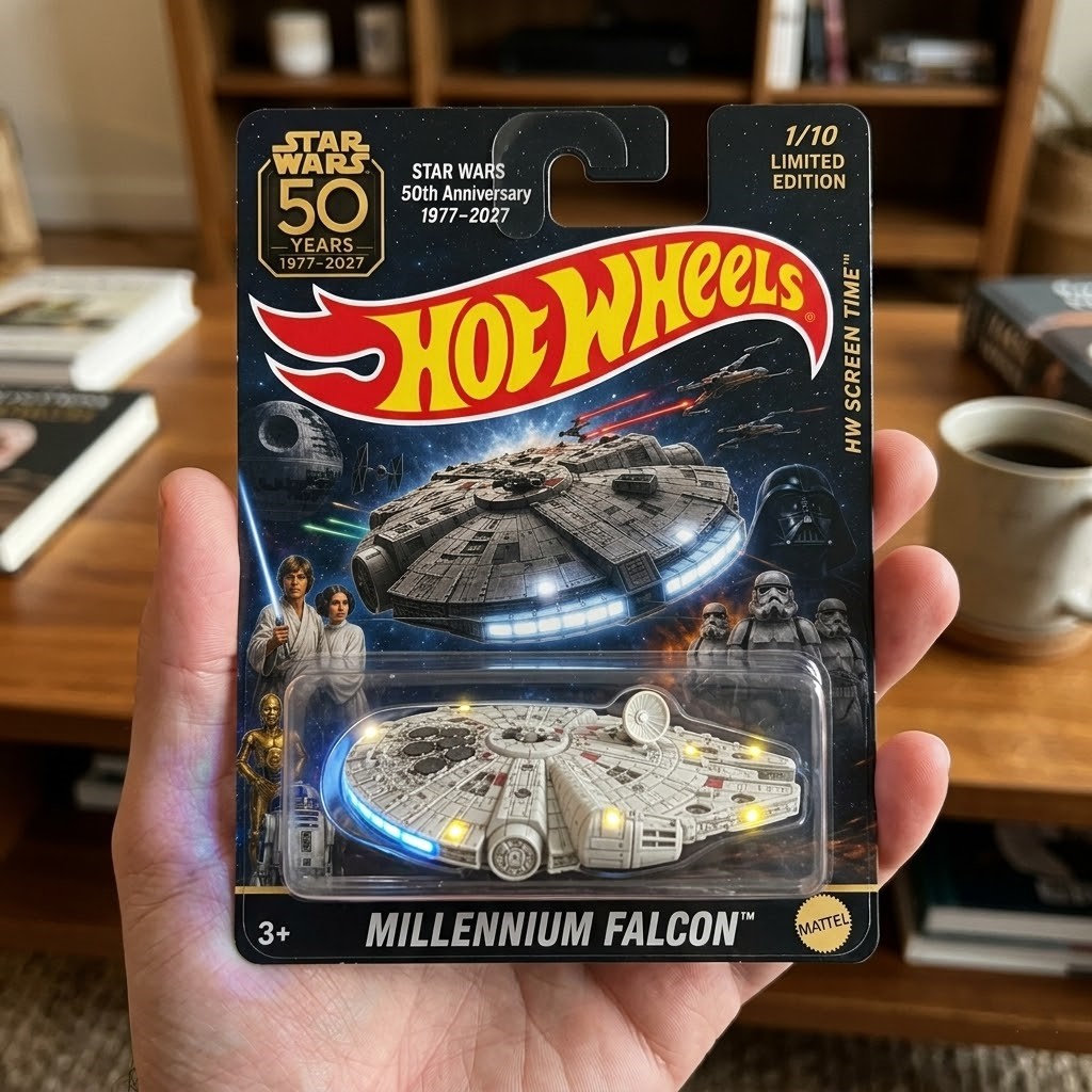 Close-up of Millennium Falcon model and Star Wars characters like Luke and Leia on package