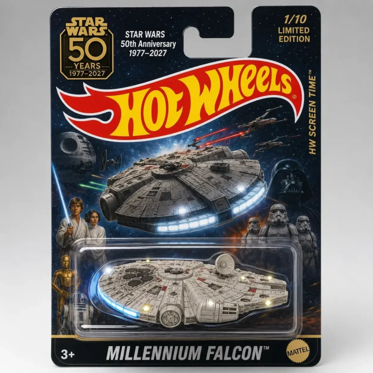Star Wars 50th Anniversary Millennium Falcon Hot Wheels die-cast model in collector packaging