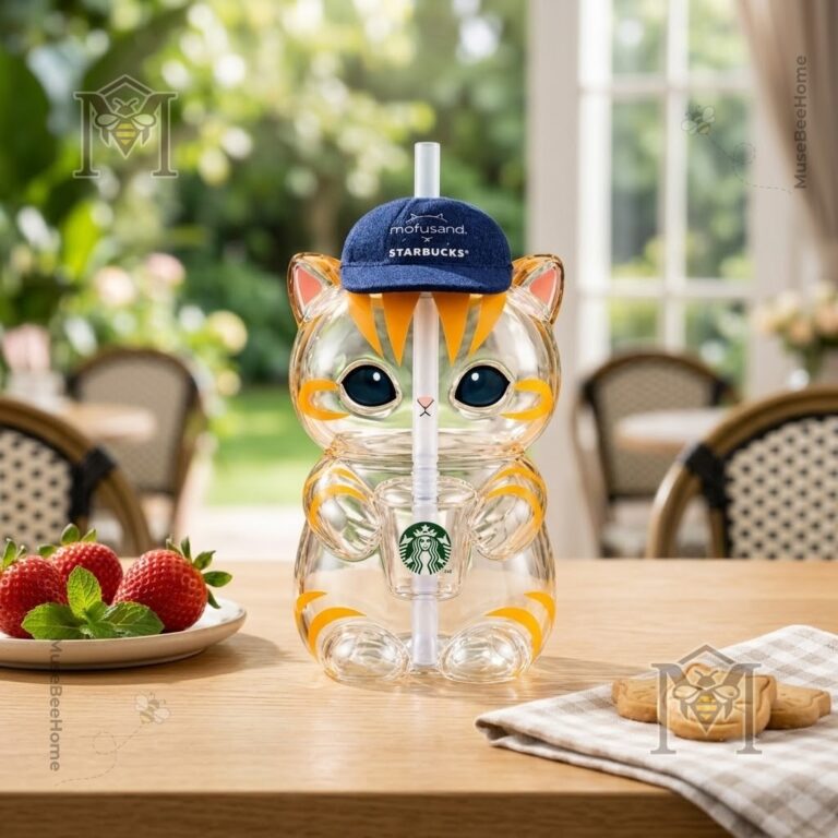 Starbucks Mofusand Limited Edition Cat Glass Tumbler - close-up of the cat's head with blue cap