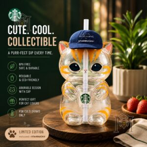 Starbucks Mofusand Limited Edition Cat Glass Tumbler - full front view on a wooden surface