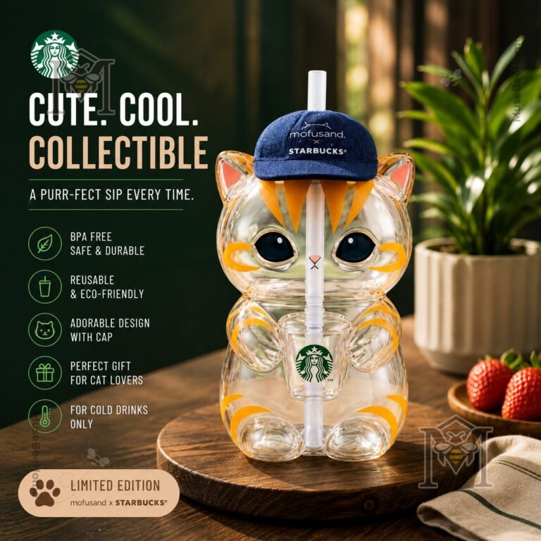 Starbucks Mofusand Limited Edition Cat Glass Tumbler - full front view on a wooden surface