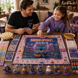 Stitch Halloween Monopoly Board Game - close-up of game box and cards