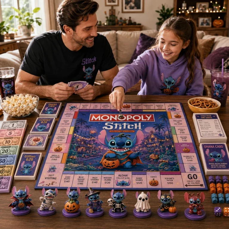 Stitch Halloween Monopoly Board Game - close-up of game box and cards
